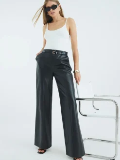 River Island Black Faux Leather Belted Wide Leg Trousers