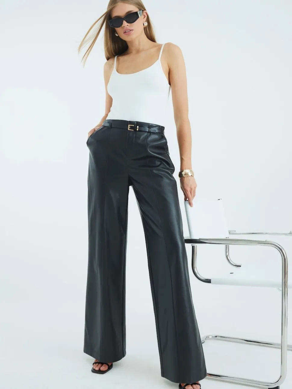 River Island Black Faux Leather Belted Wide Leg Trousers