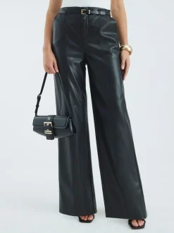 River Island Black Faux Leather Belted Wide Leg Trousers