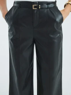 River Island Black Faux Leather Belted Wide Leg Trousers