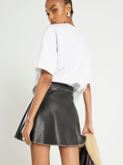 River Island Black Faux Leather Pleated Distressed Mini Skirt