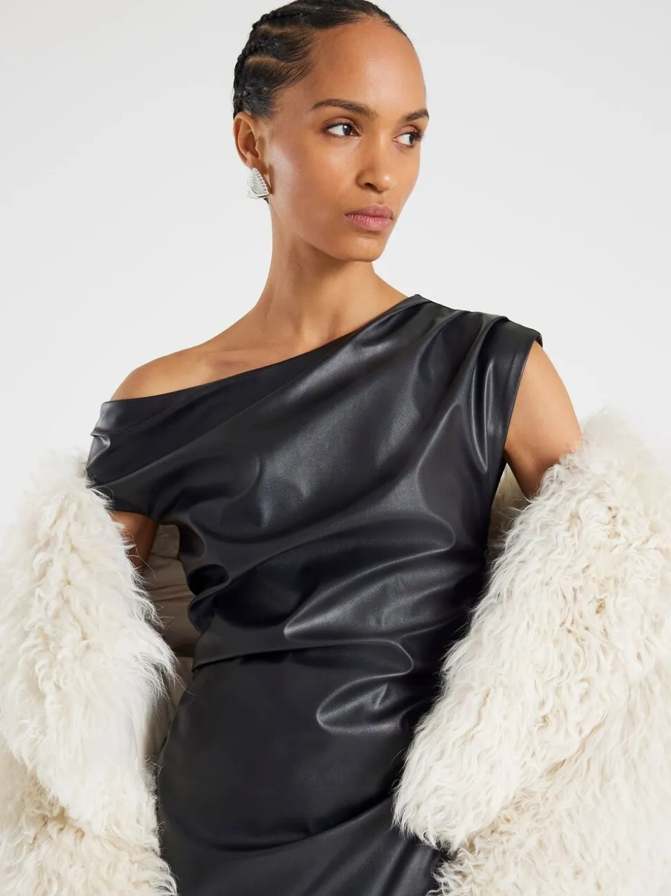 River Island Black One shoulder Drape Faux Leather Midi Dress