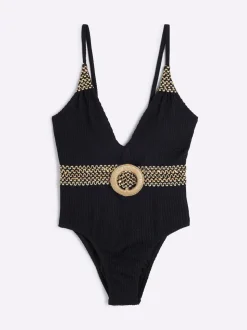 River Island Black Petite Texture Plunge Swimsuit