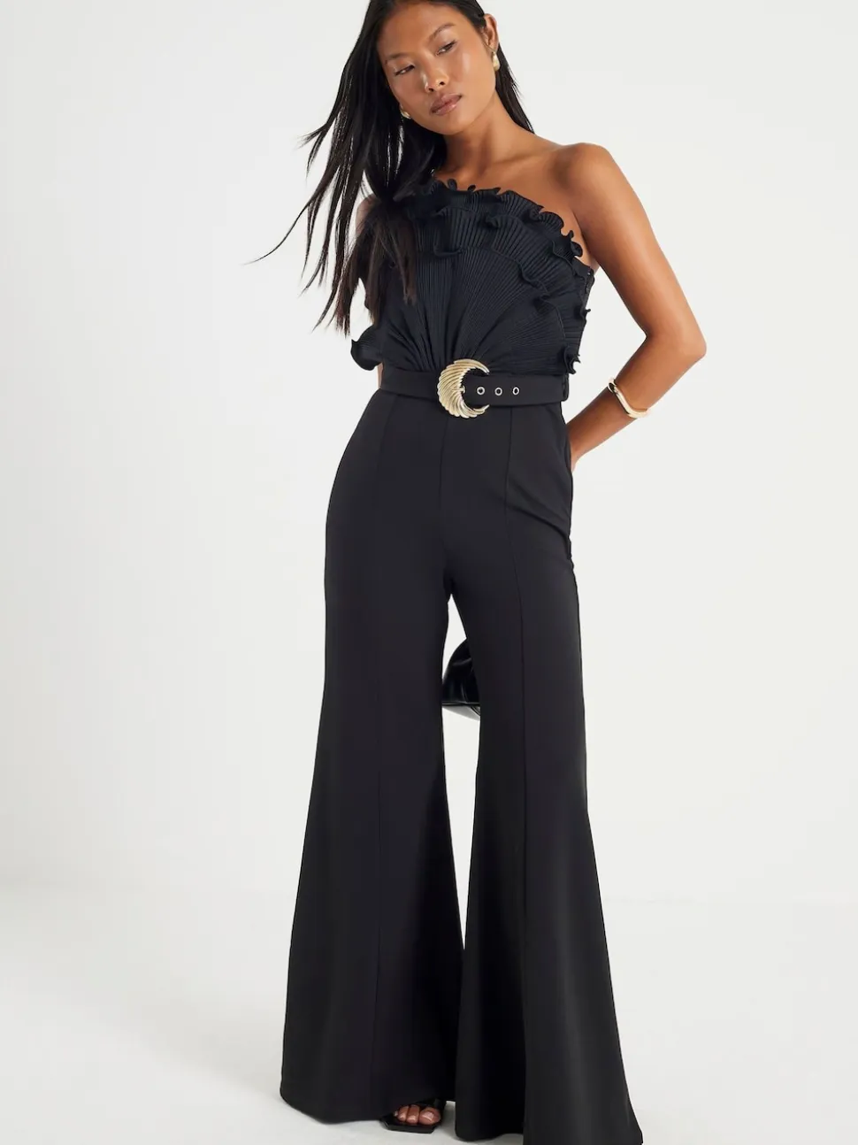 River Island Black Petite 3D Trim One Shoulder Jumpsuit