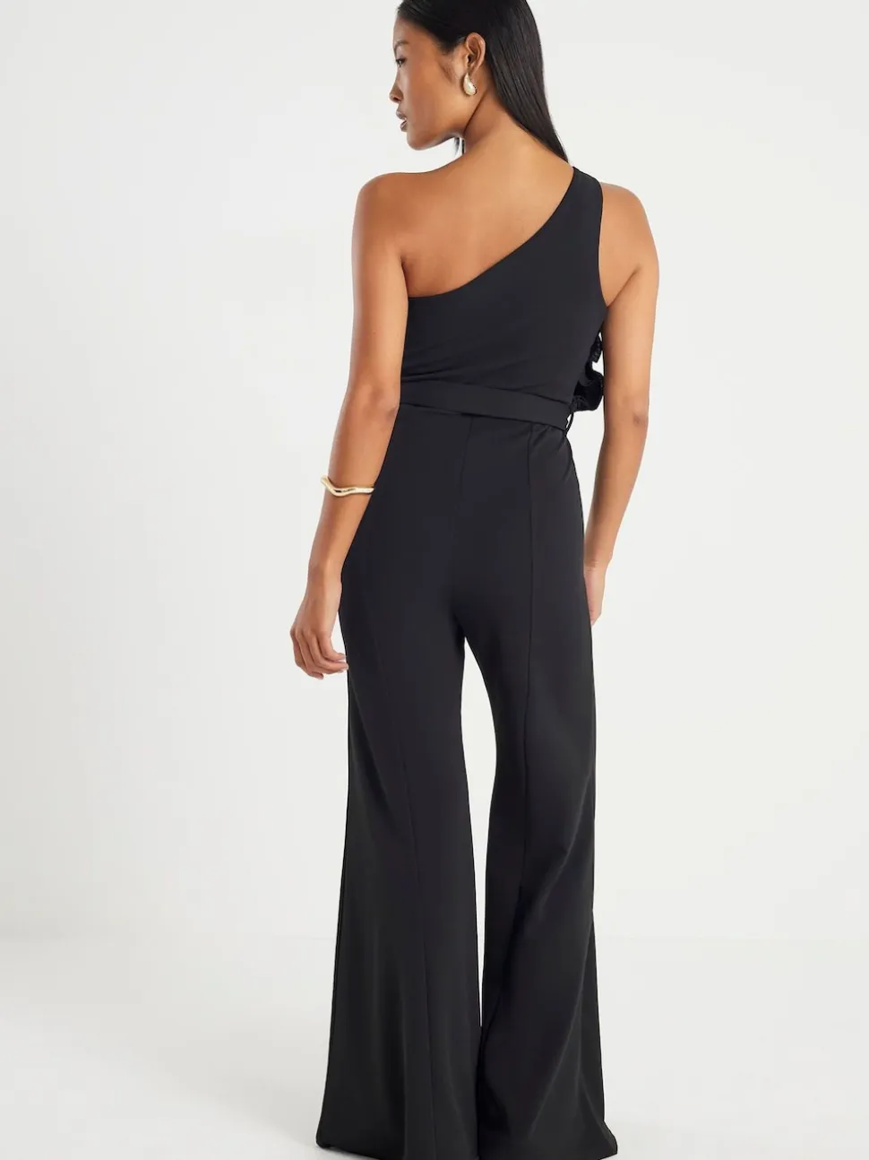 River Island Black Petite 3D Trim One Shoulder Jumpsuit