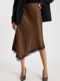 River Island Brown Asymmetric Lace Trim Satin Skirt