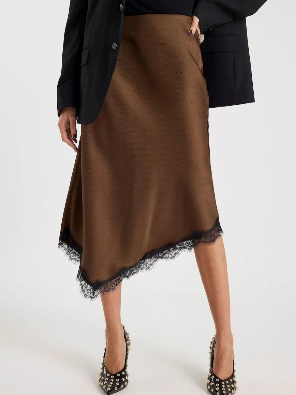 River Island Brown Asymmetric Lace Trim Satin Skirt