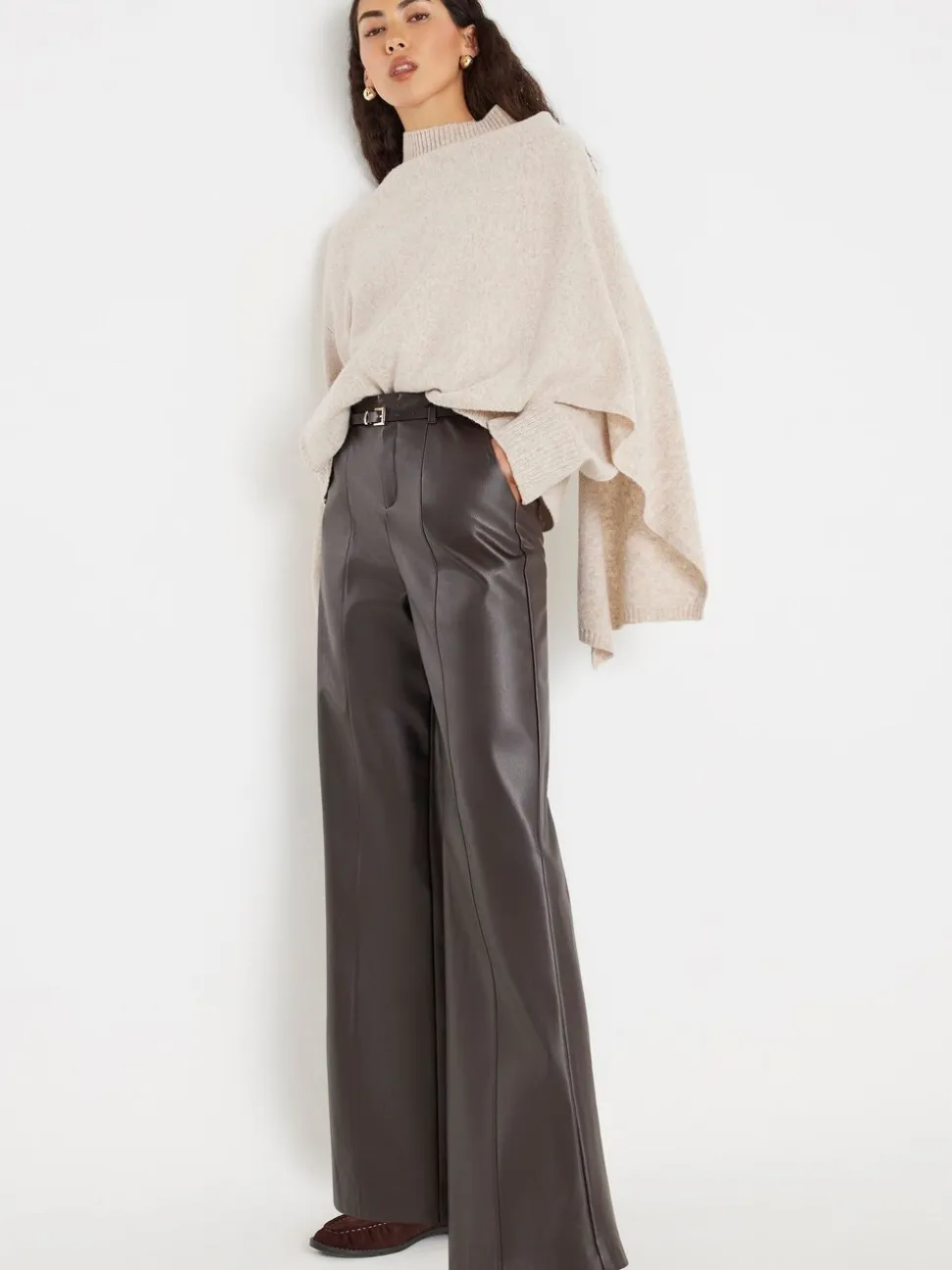 River Island Brown Faux Leather Wide Leg Trousers