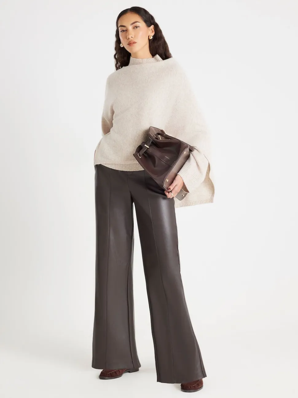 River Island Brown Faux Leather Wide Leg Trousers