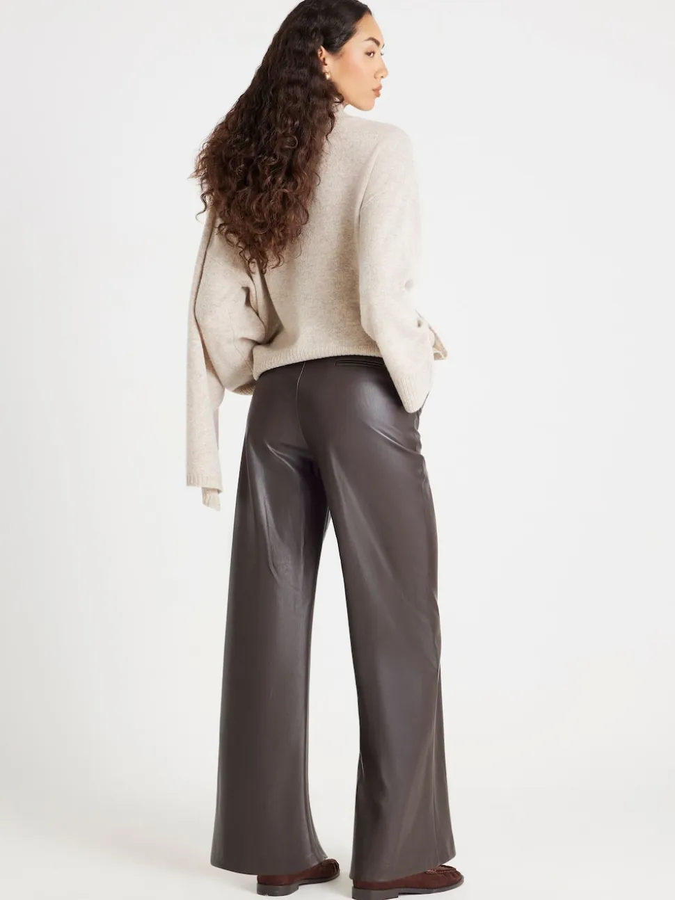 River Island Brown Faux Leather Wide Leg Trousers