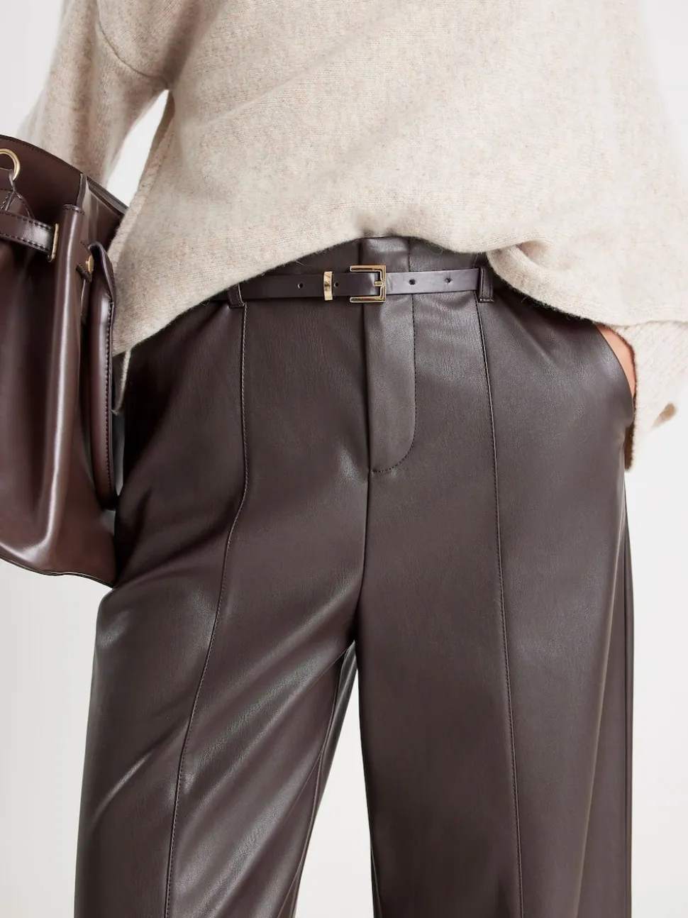 River Island Brown Faux Leather Wide Leg Trousers