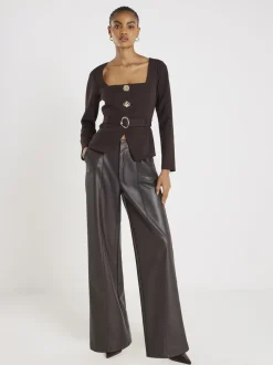 River Island Brown Long Sleeve Square Neck Belted Blazer