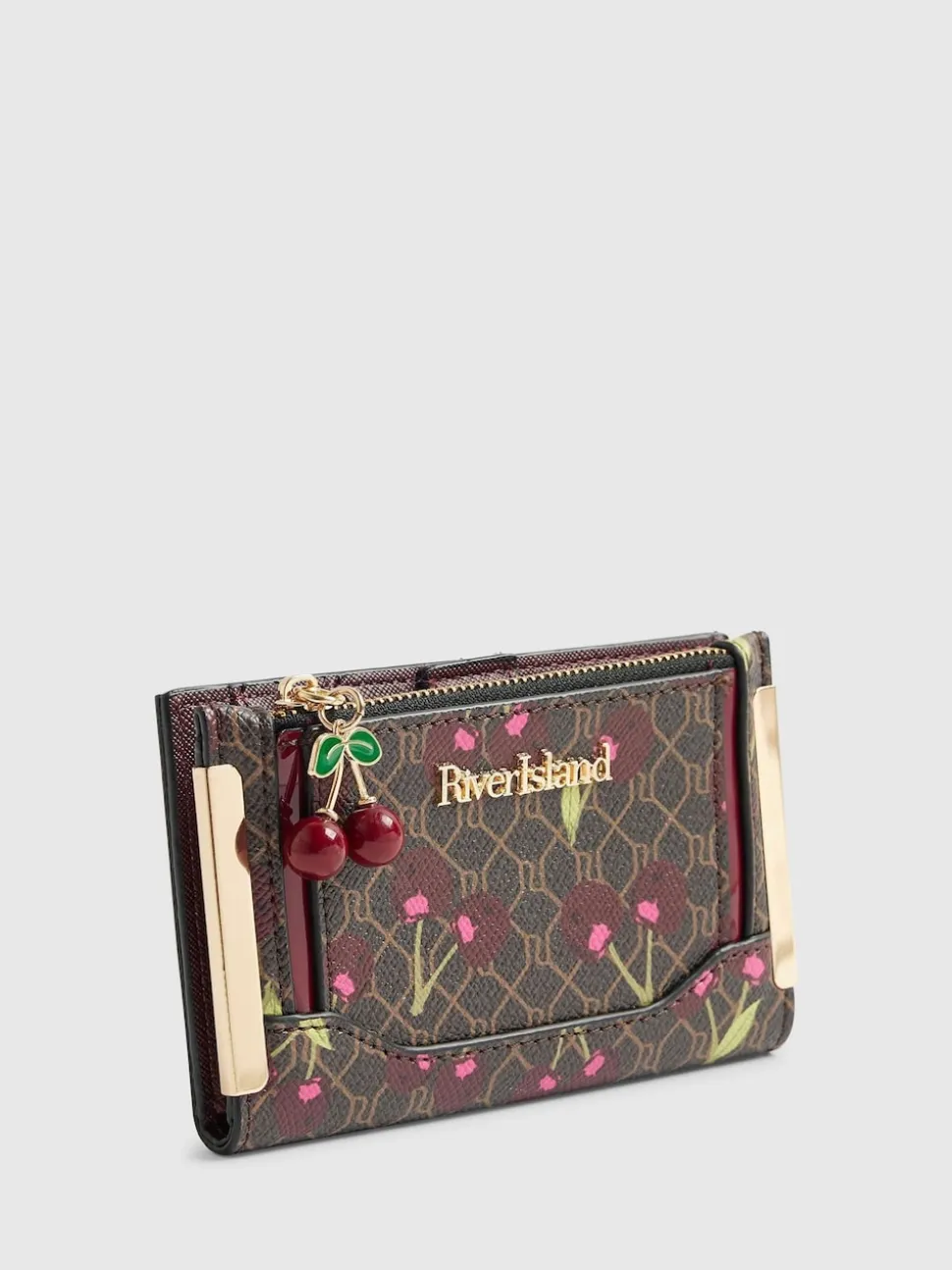 River Island Brown Monogram Cherry Print Purse