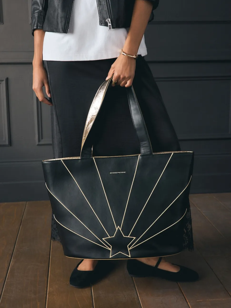 Rockett St George Black Gold Star Large Tote Bag