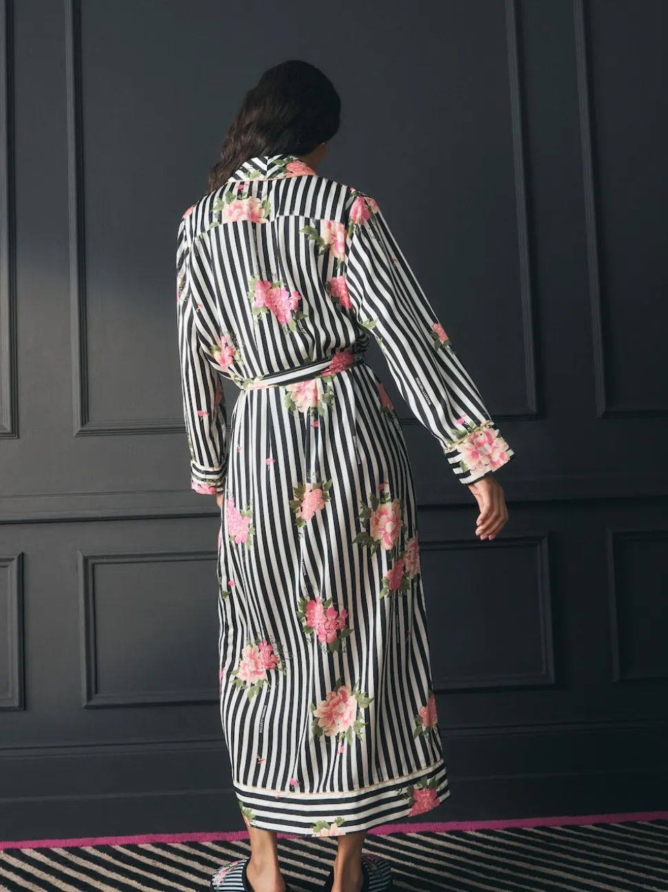 Rockett St George Black/White Flower Power Stripe Satin Robe