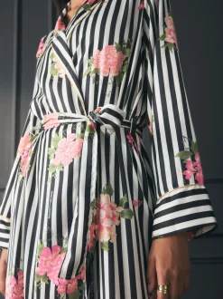 Rockett St George Black/White Flower Power Stripe Satin Robe