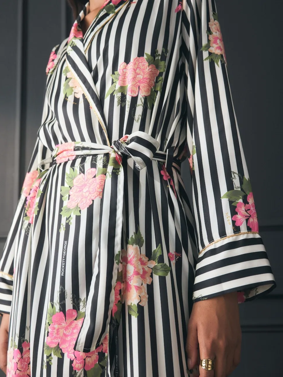 Rockett St George Black/White Flower Power Stripe Satin Robe