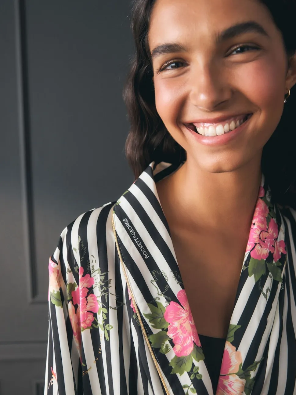 Rockett St George Black/White Flower Power Stripe Satin Robe
