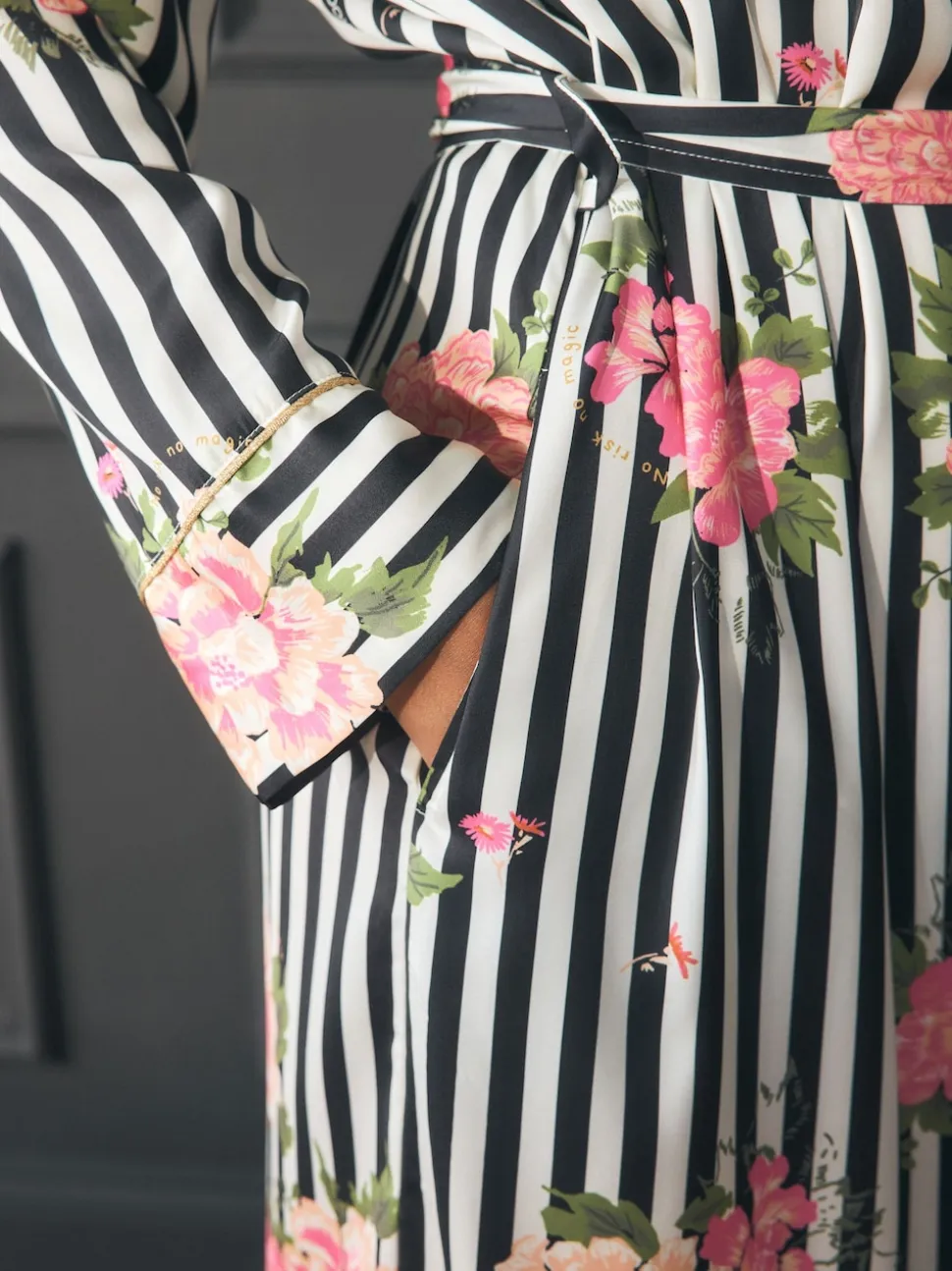 Rockett St George Black/White Flower Power Stripe Satin Robe