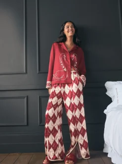 Rockett St George Red Argyle Swan Textured Satin Button Through Pyjamas