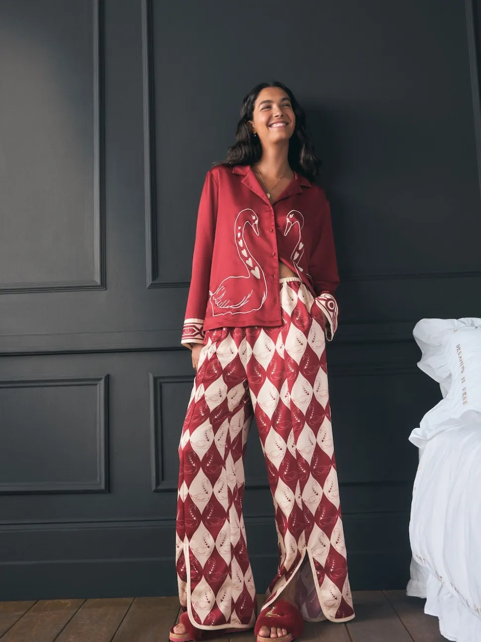 Rockett St George Red Argyle Swan Textured Satin Button Through Pyjamas