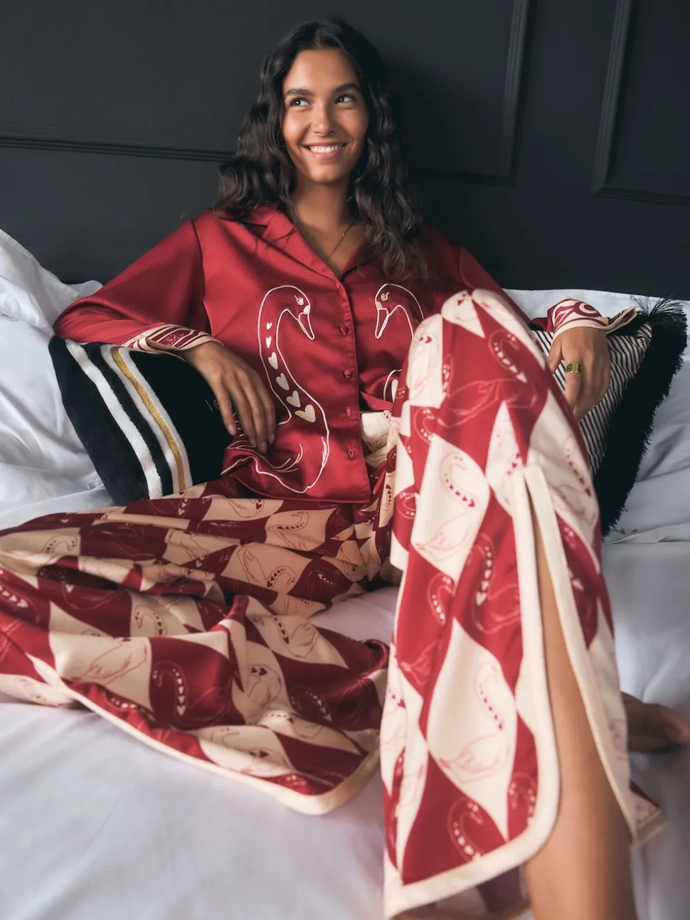 Rockett St George Red Argyle Swan Textured Satin Button Through Pyjamas