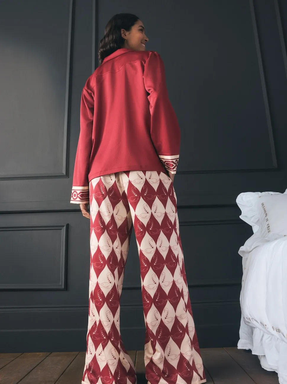 Rockett St George Red Argyle Swan Textured Satin Button Through Pyjamas