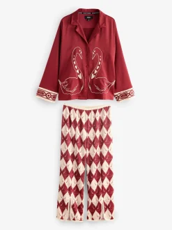Rockett St George Red Argyle Swan Textured Satin Button Through Pyjamas