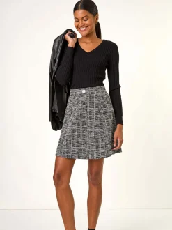 Roman Black Buttoned Textured Skirt