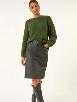 Roman Black Coated Midi Pencil Skirt