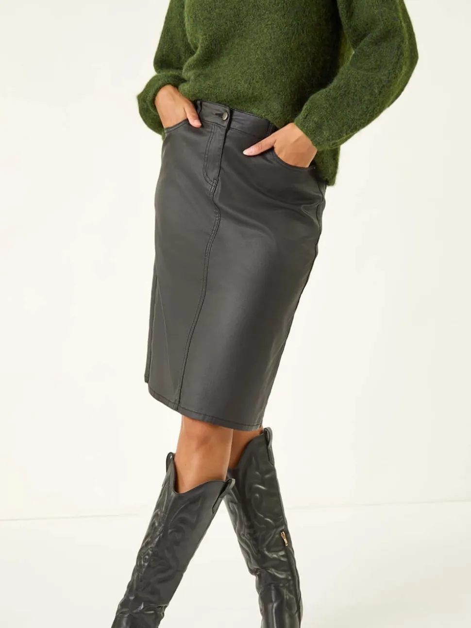Roman Black Coated Midi Pencil Skirt