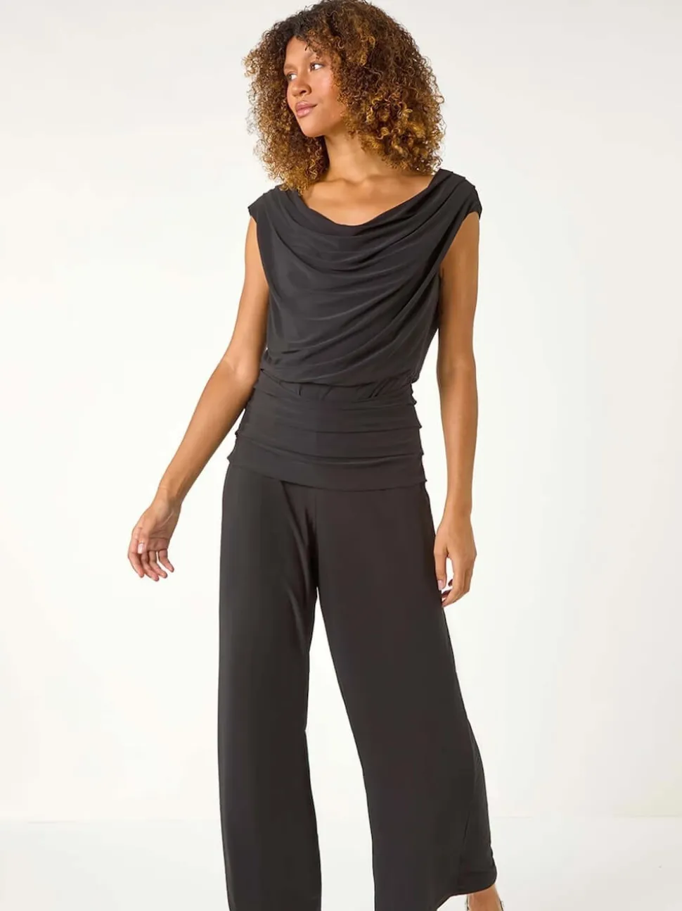 Roman Black Cowl Neck Ruched Stretch Jumpsuit