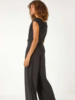 Roman Black Cowl Neck Ruched Stretch Jumpsuit