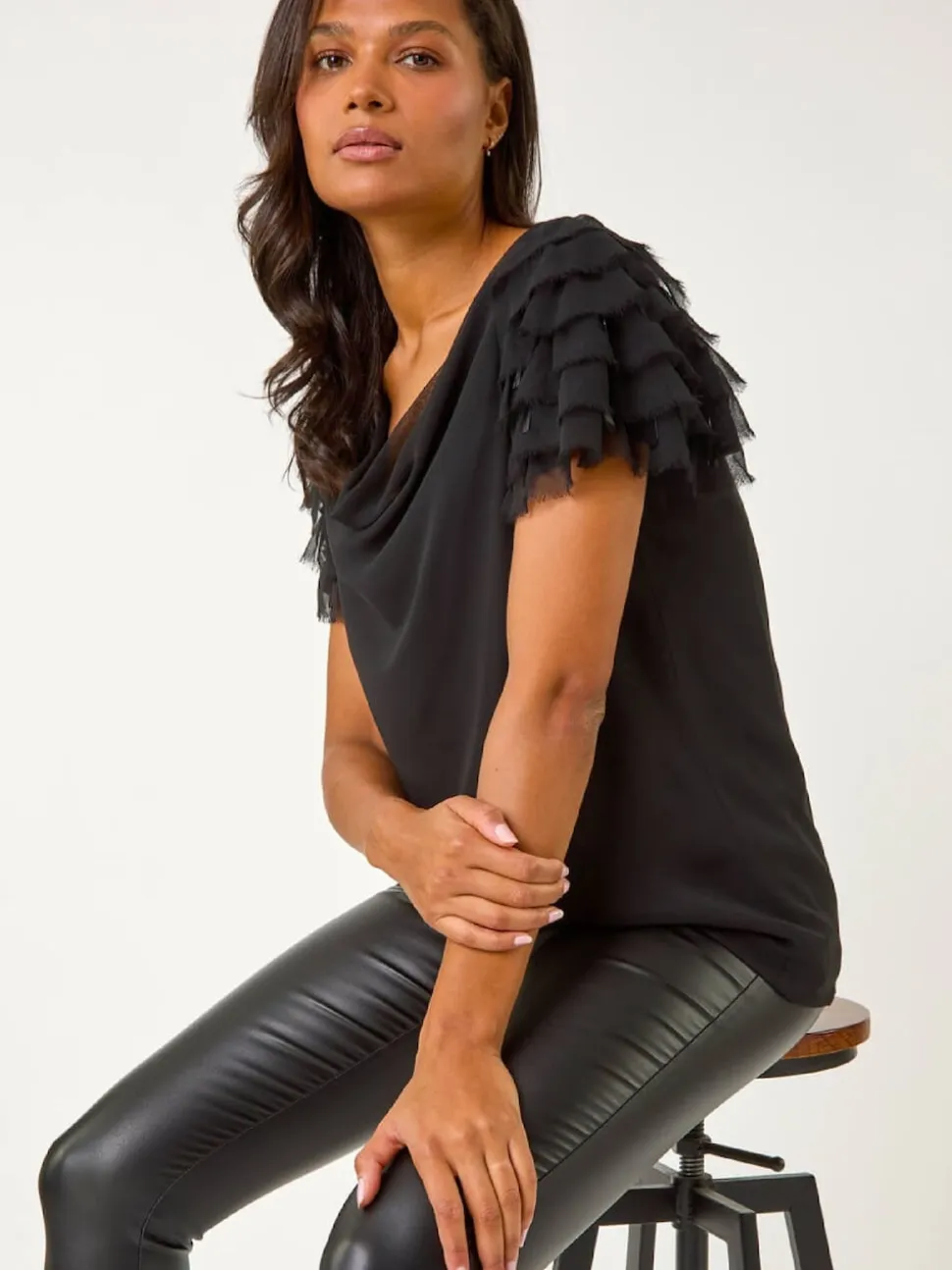 Roman Black Cowl Neck Shoulder Sequin Frill Top