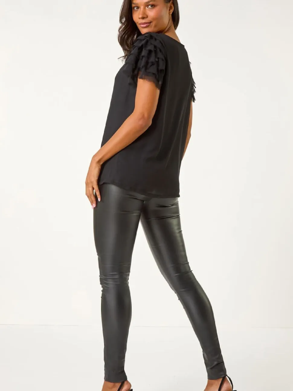 Roman Black Cowl Neck Shoulder Sequin Frill Top
