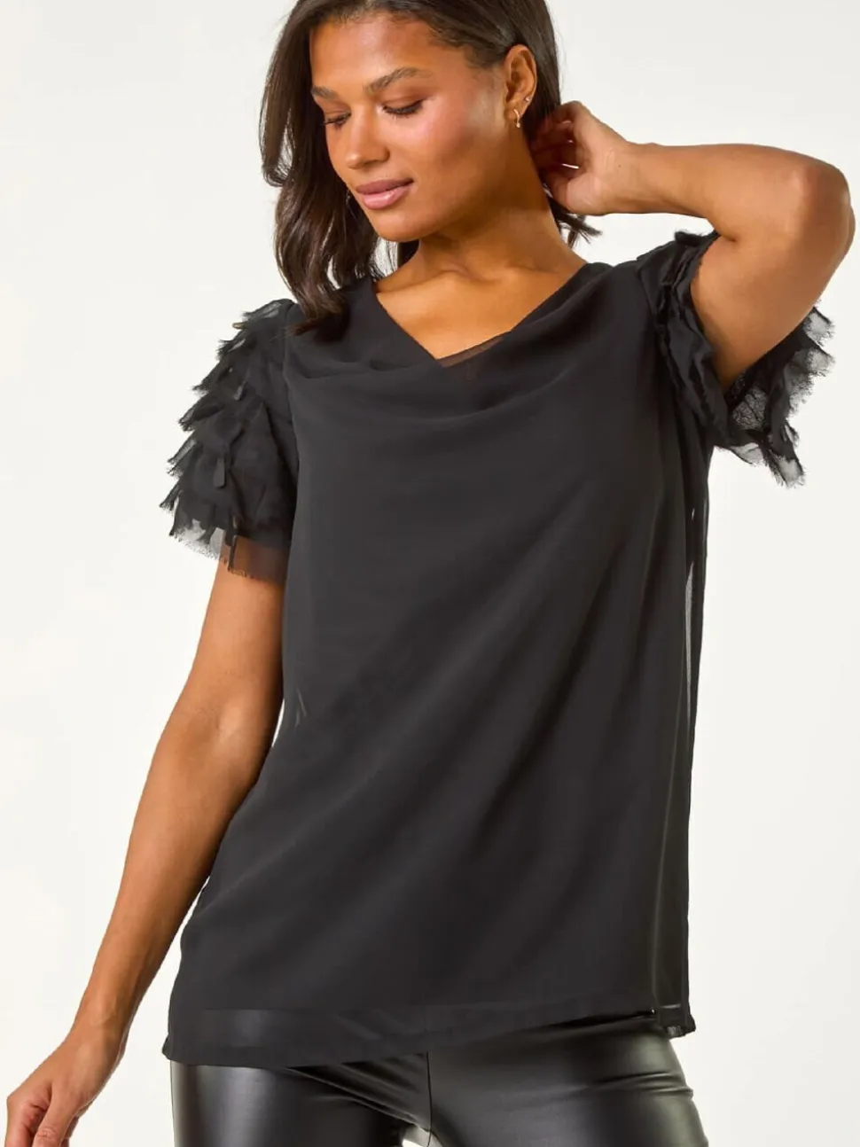 Roman Black Cowl Neck Shoulder Sequin Frill Top
