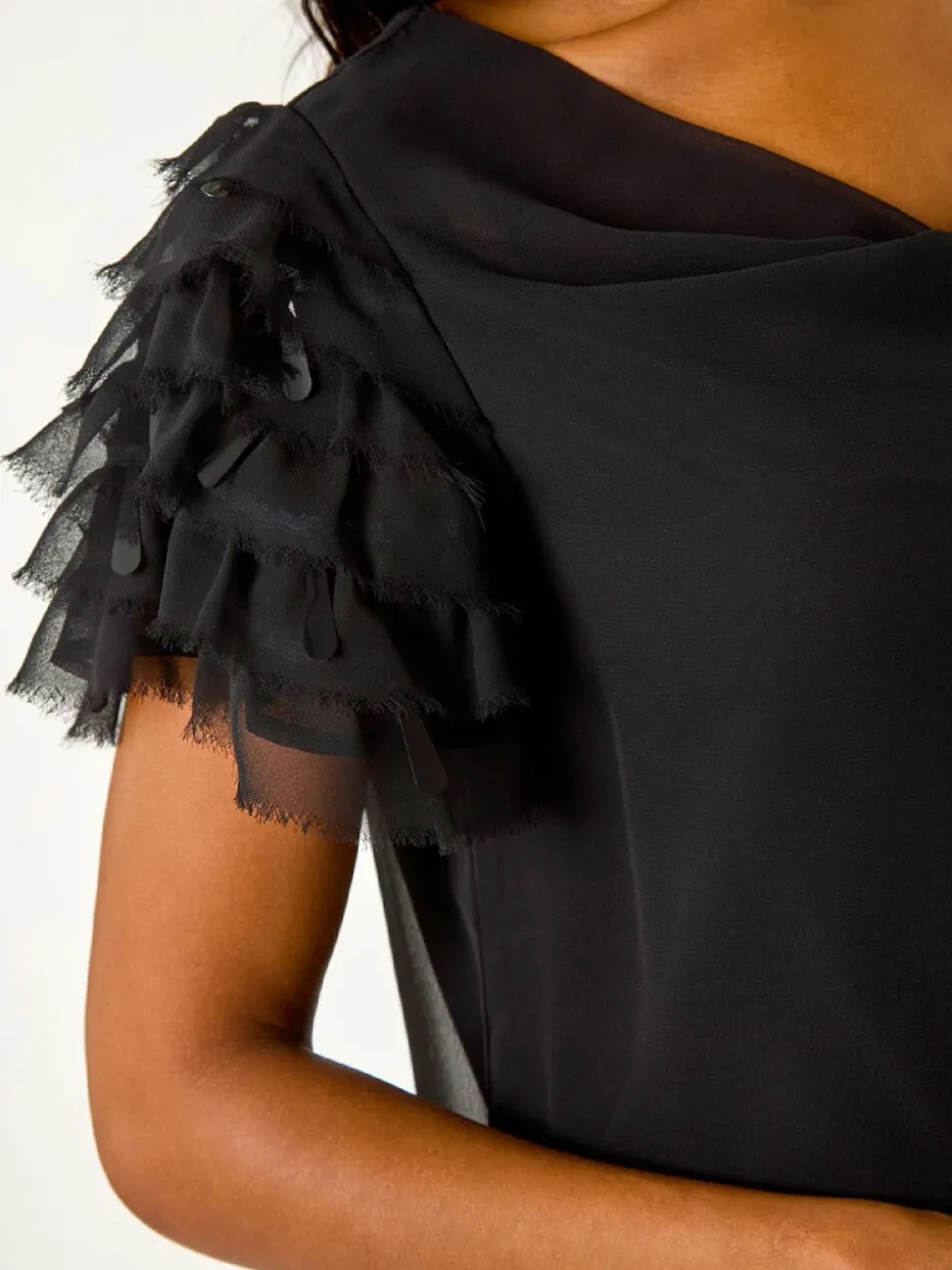 Roman Black Cowl Neck Shoulder Sequin Frill Top