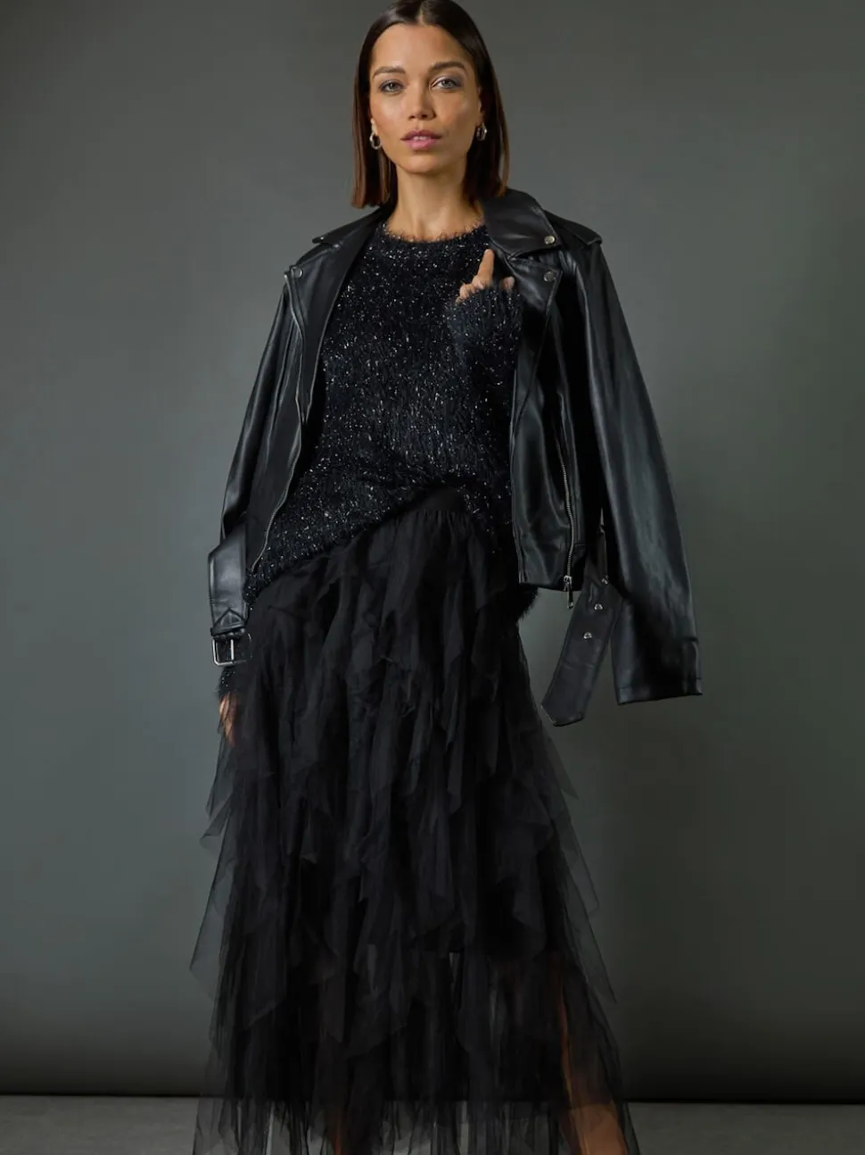 Roman Black Elasticated Mesh Layered Skirt