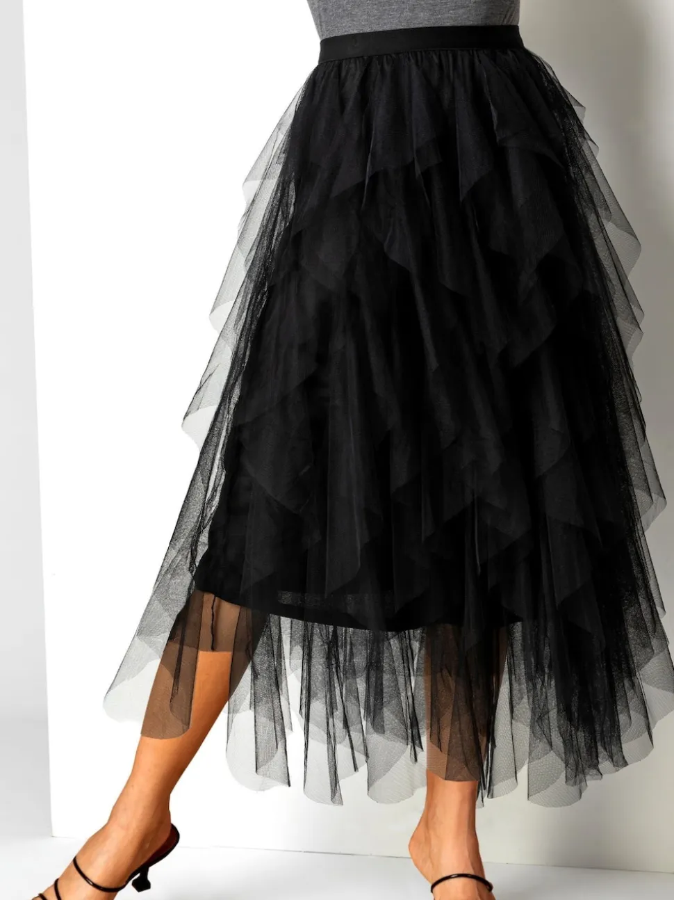 Roman Black Elasticated Mesh Layered Skirt