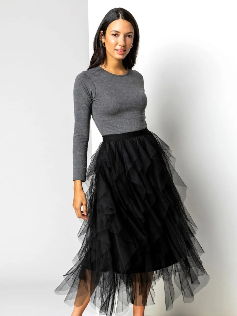 Roman Black Elasticated Mesh Layered Skirt