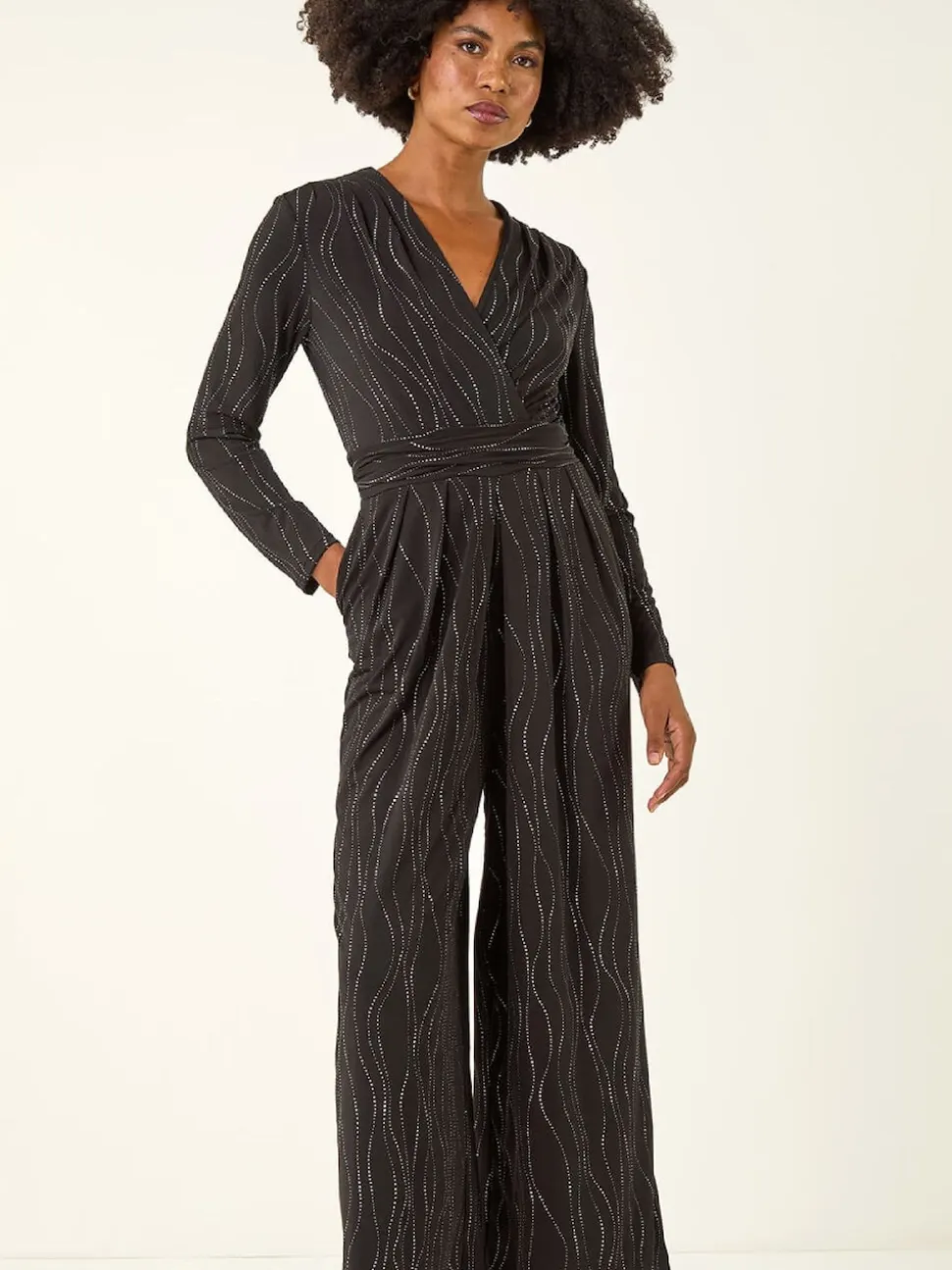 Roman Black Embellished Wide Leg Stretch Jumpsuit