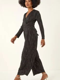 Roman Black Embellished Wide Leg Stretch Jumpsuit