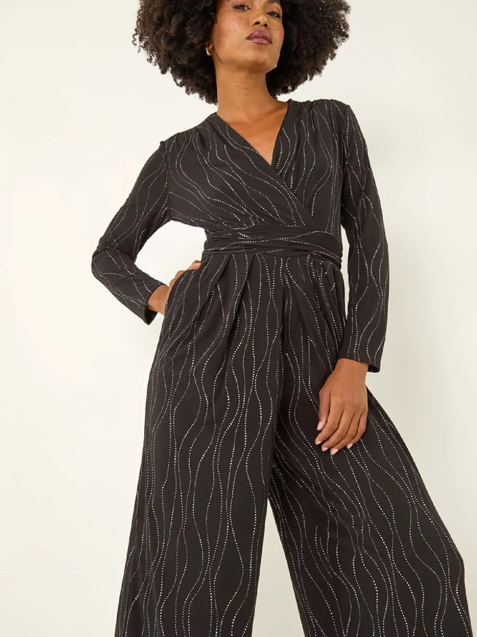 Roman Black Embellished Wide Leg Stretch Jumpsuit