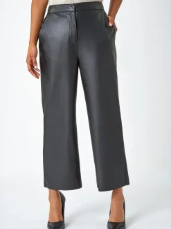 Roman Black Faux Leather Wide Leg Crop Trousers