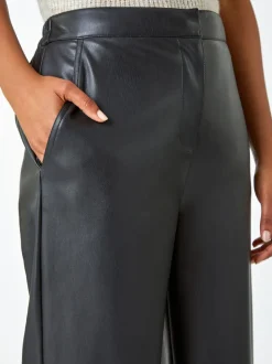 Roman Black Faux Leather Wide Leg Crop Trousers