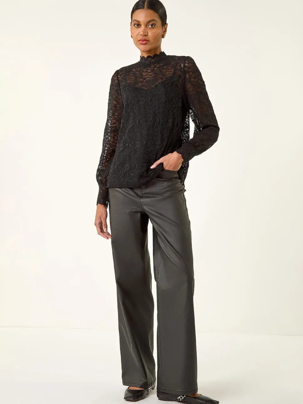 Roman Black Lace Frill High Neck Stretch Shirt