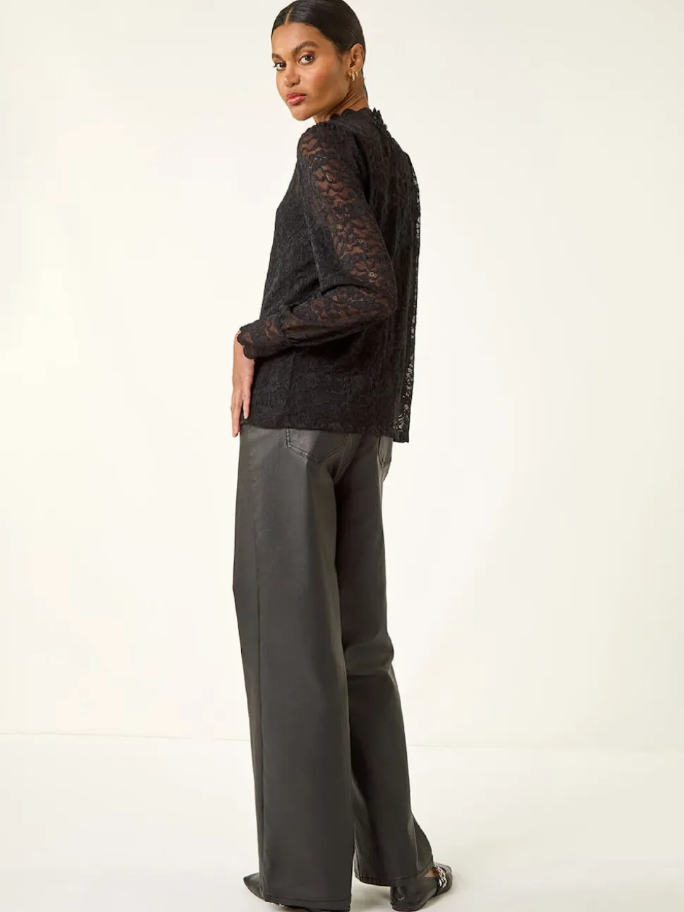 Roman Black Lace Frill High Neck Stretch Shirt