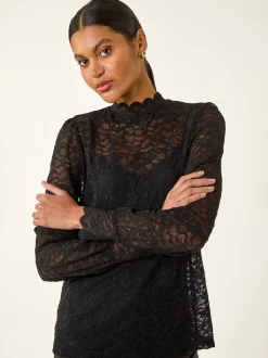 Roman Black Lace Frill High Neck Stretch Shirt