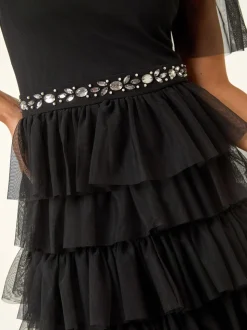 Roman Black Petite Embellished Mesh Tiered Dress
