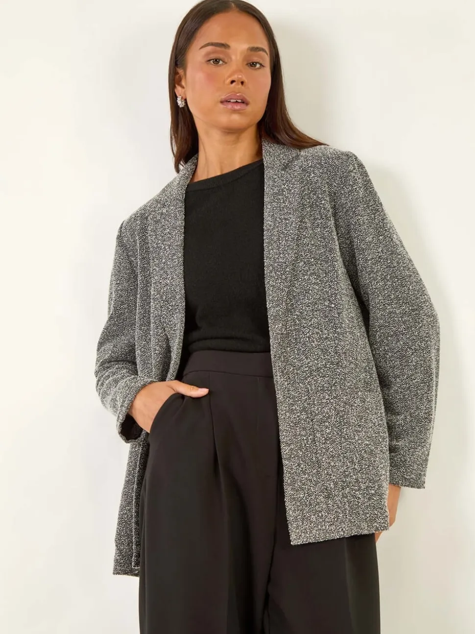 Roman Black Petite Herringbone Pocket Blazer